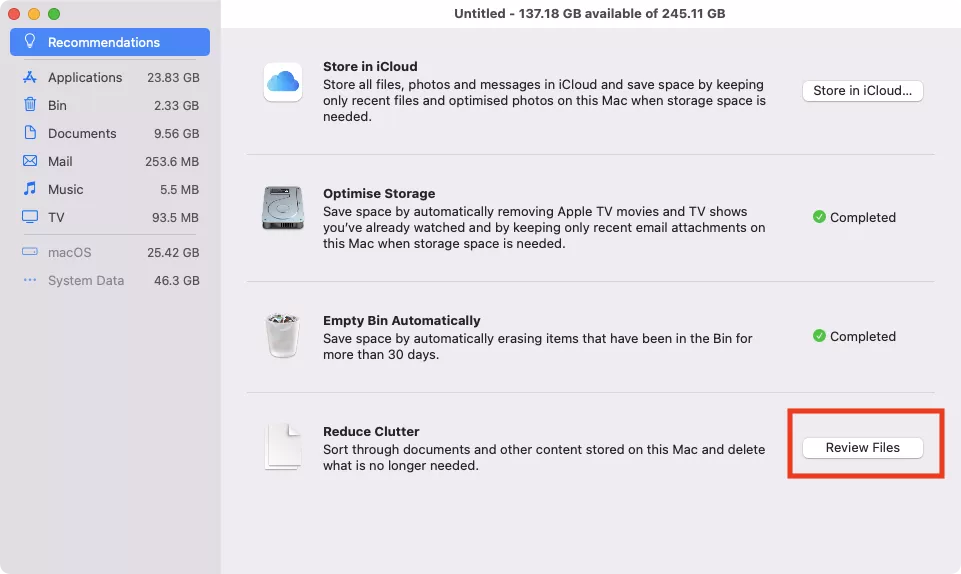Manage Storage > Recommendations > Review Files