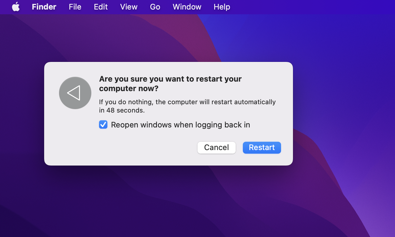 Mac restart confirmation screen Mac restart confirmation screen