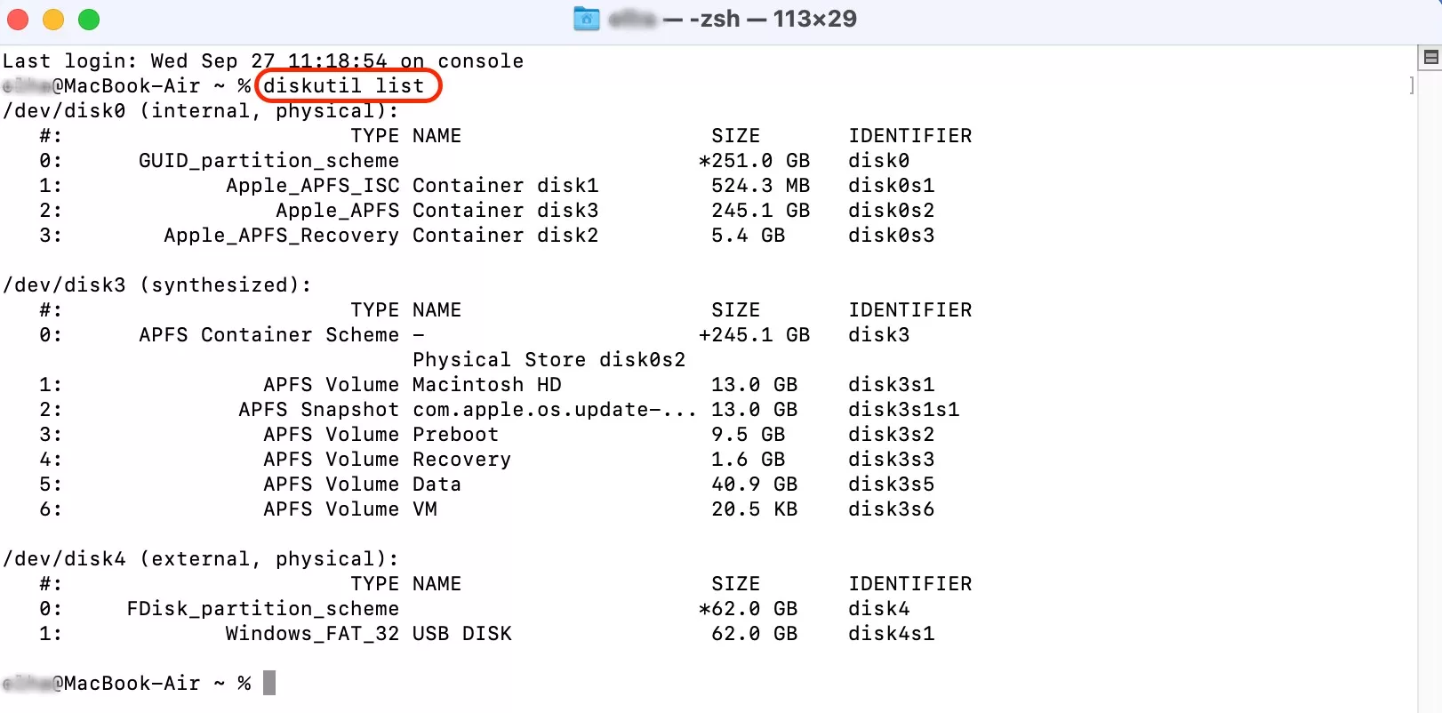 As your second step of fixing the Flash Drive not showing up an issue on Mac, open Terminal. While in the app, type the command diskutil list and press Return