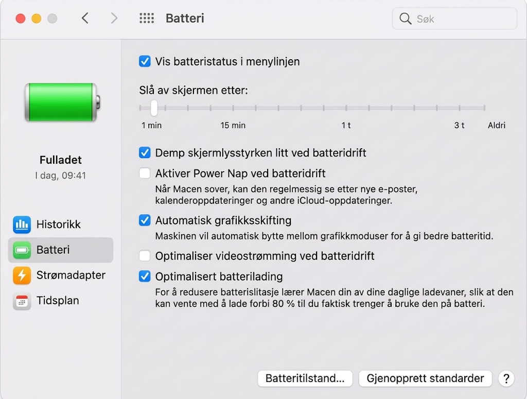 På enkelte MacBook-modeller finner du alternativer for å slå på automatisk grafikkbytte. Det svakere skjermkortet genererer mindre varme.