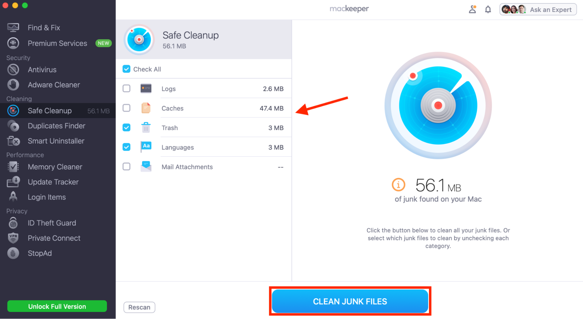 After performing a system scan, select the files you want to delete, then click Clean Junk Files to free up storage space on your computer.