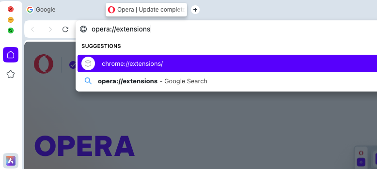 Let's go straight to Opera's extension settings. Simply type 