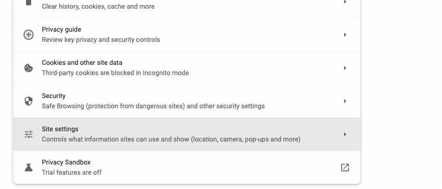 Site settings in Chrome for Mac.