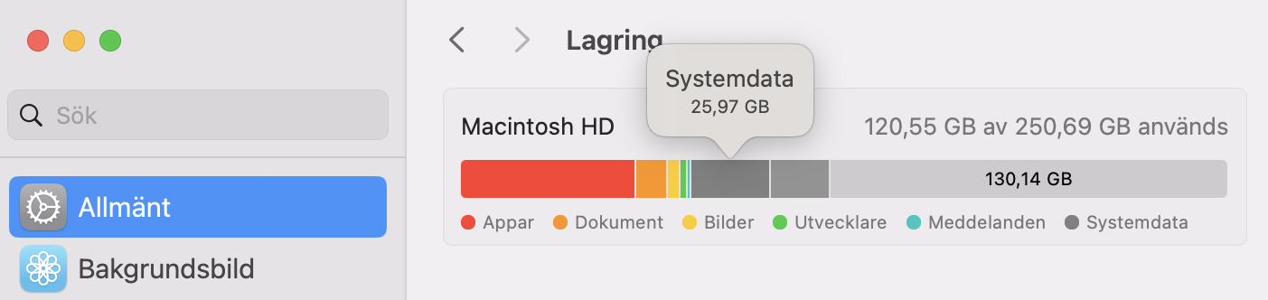 Du kan se hur mycket systemdata som används på din Mac genom att gå till Systeminställningar och sedan hålla muspekaren över lagringsstapeln i avsnittet Lagring. En flik visar dig den totala mängden.