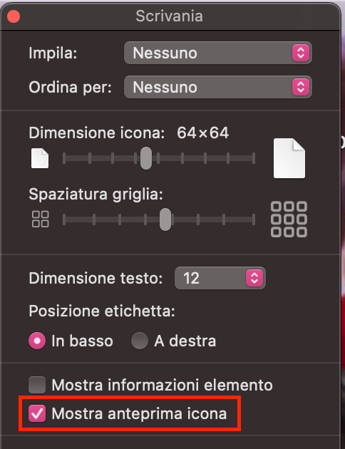 La finestra popup Mostra opzioni vista con l’opzione Mostra anteprima icona evidenziata.