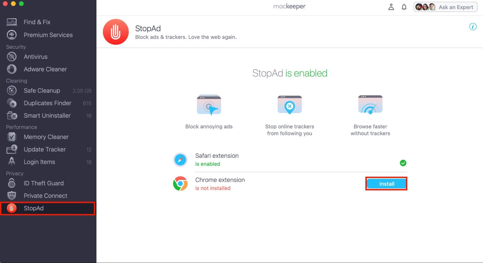 MacKeeper’s StopAd tool is opened on a MacBook device. Click on Install to add it to your preferred browser if you use the Alt tab on Mac.