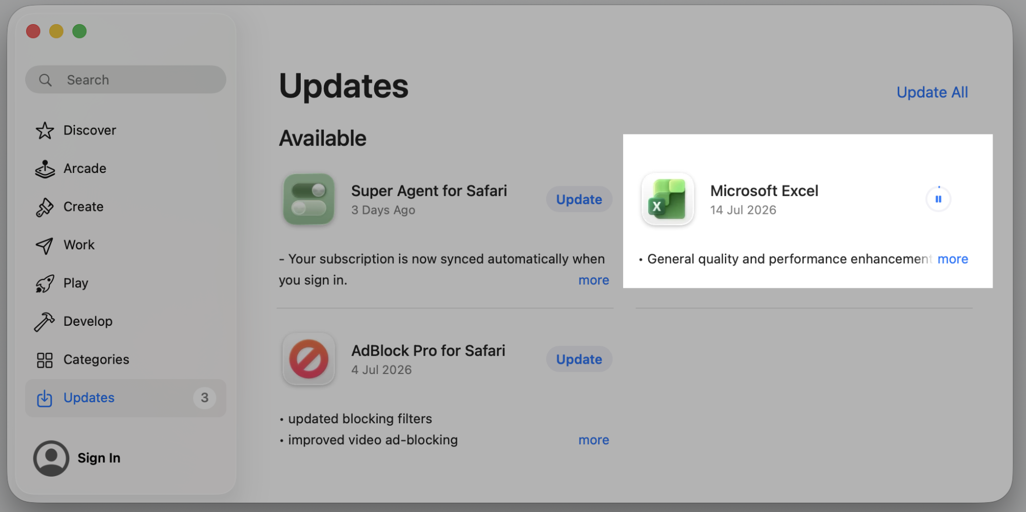 App Store Updates tab on a MacBook showing update progress, confirming installations that trigger installd high CPU usage.