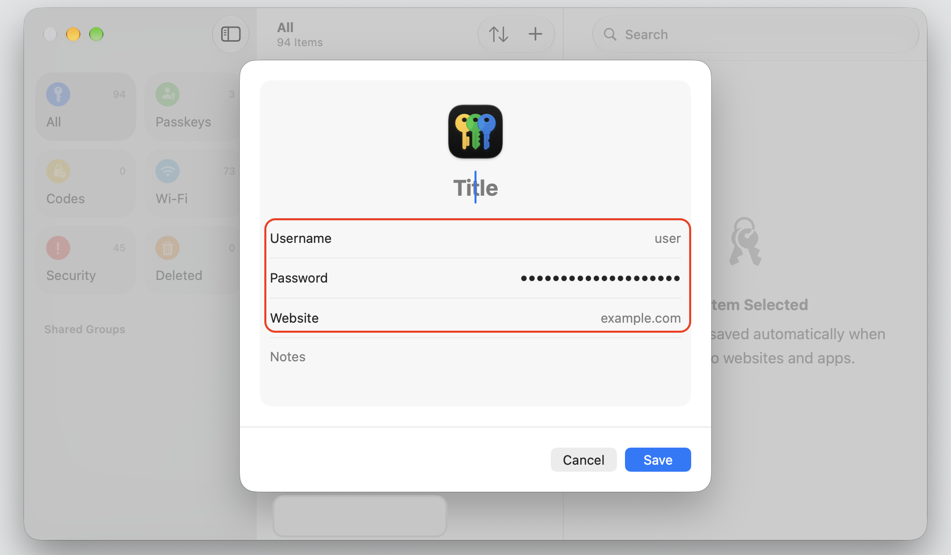 The new-entry window in the Passwords app on a MacBook, typing the site, username, and password before clicking Save to iCloud Keychain.