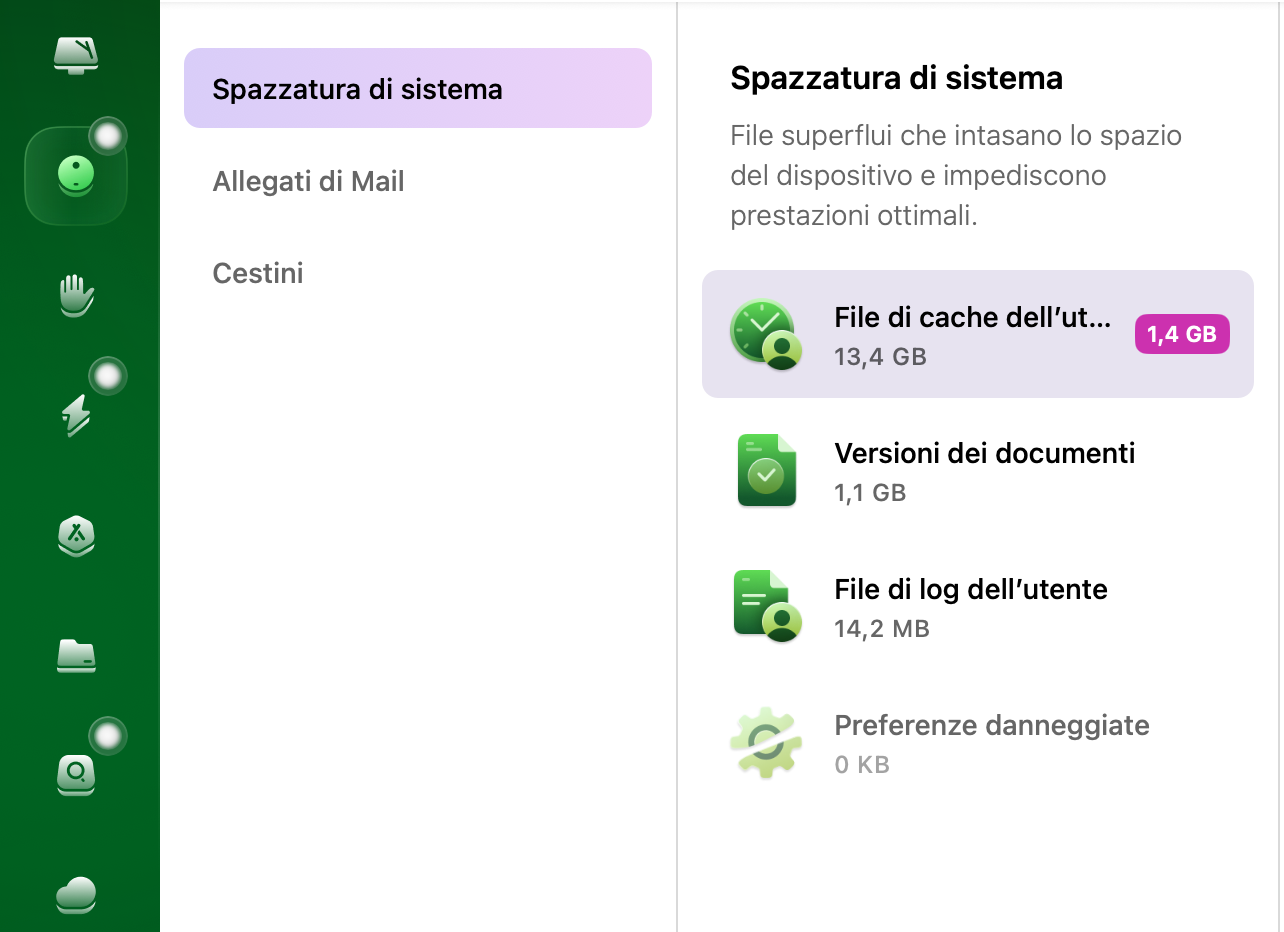 Un altro tipo di cache da menzionare è quella delle immagini disco inutilizzate, e la funzione Spazzatura di Sistema di CleanMyMac ti permette di sbarazzartene facilmente. Dopo la scansione, vedrai Immagini Disco non Utilizzate come una delle caselle sulla sinistra.