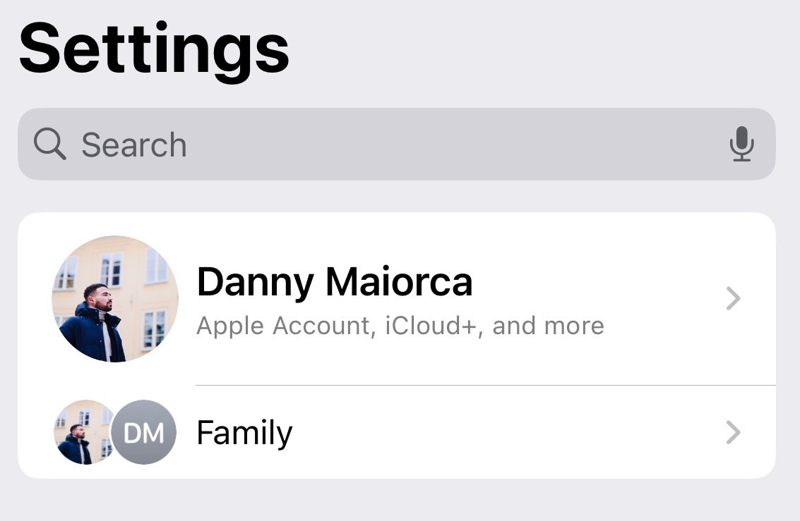 Your Apple Account will appear at the top of the Settings app on your iPhone. You can use this to then check and see if you use the same account across both devices.
