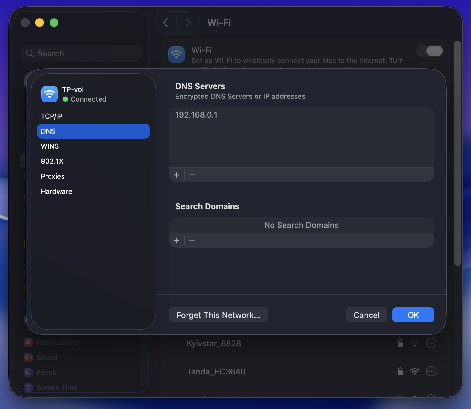 The final step in checking DNS on a Mac is selecting the DNS tab in the sidebar. This could help fix the Network accounts are unavailable error.
