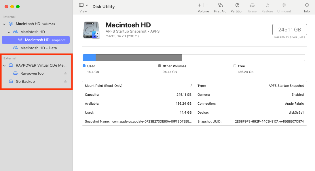 A list of External devices in the Disk Utility sidebar on Mac. To see USB devices in macOS, select them in Finder and then mount them so you can manage and use them.