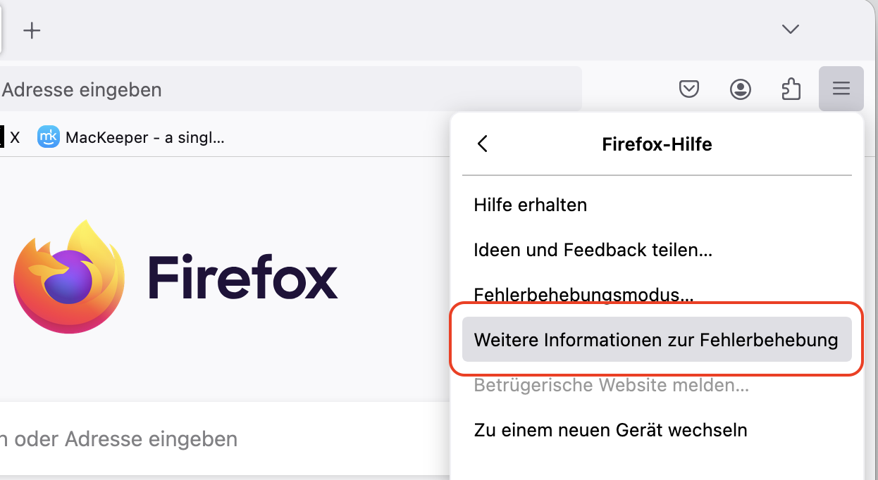 Hilfemenü in Firefox mit hervorgehobener Option Weitere Informationen zur Fehlerbehebung. So setzen Sie Firefox zurück, als Teil einer Anleitung, wie man gefälschte McAfee-Pop-ups auf dem Mac blockieren kann.