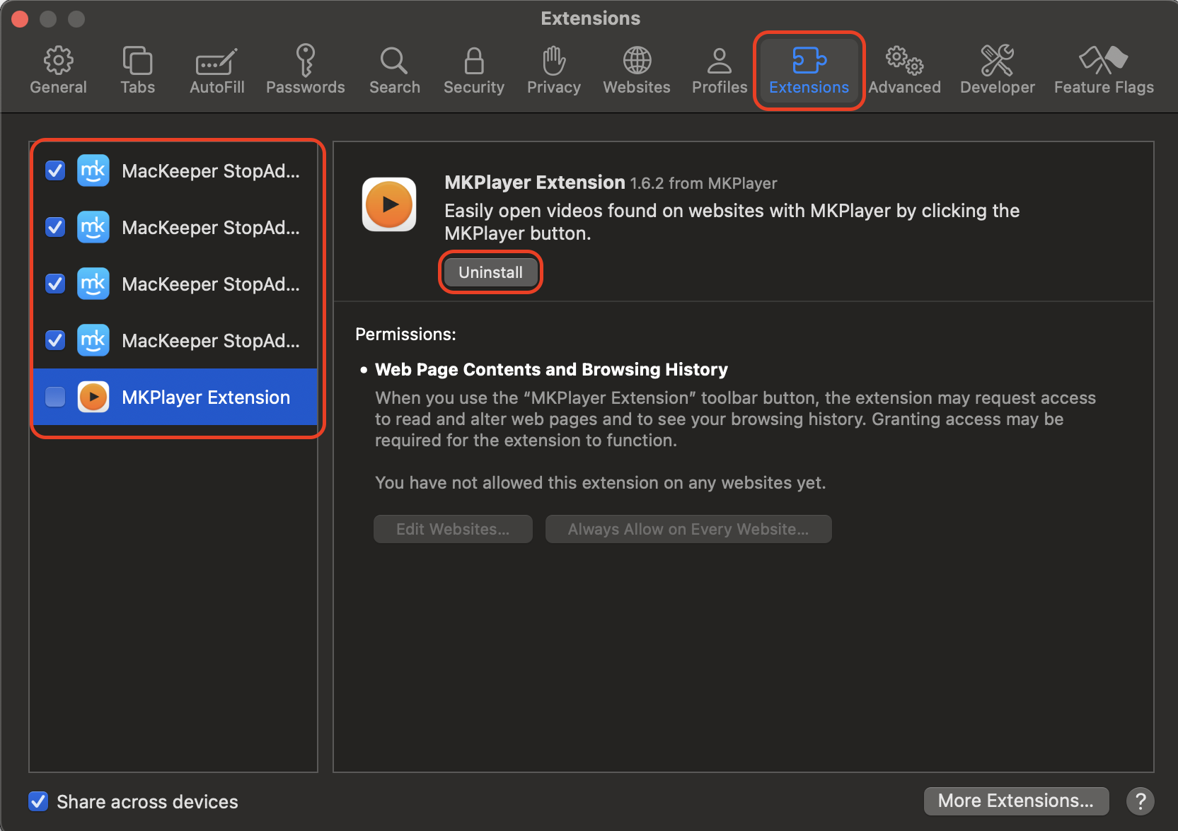 Go to the Extensions tab and uncheck or uninstall unwanted extensions to reduce background activity and prevent Safari from consuming excessive system resources.