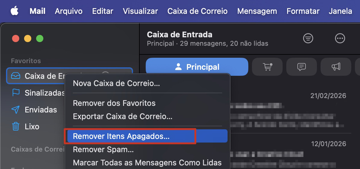 Parte de um menu do aplicativo Apple Mail. Remover Itens Apagados está selecionado. Como excluir o cache do Mail no Mac: esvaziar o Lixo.