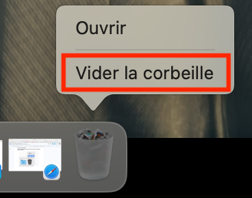Une partie du Dock sur un Mac, avec la corbeille sélectionnée. Le menu contextuel est ouvert et l’option Vider la corbeille est sélectionnée. Comment supprimer les caches Mail sur Mac.