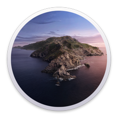 O logo do Mac OS X 10.15 (Catalina) apresenta a imagem de uma ilha solitária. O Catalina foi lançado em outubro de 2019 com atualizações de desempenho.
