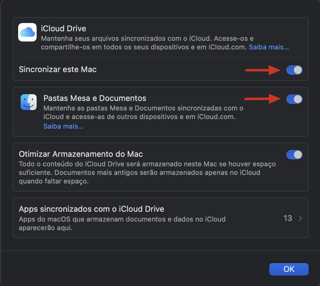 Ajustes do Sistema no Mac mostrando as opções do iCloud Drive. Defina suas preferências e clique em OK para transferir arquivos de um Mac para outro usando o armazenamento do iCloud.