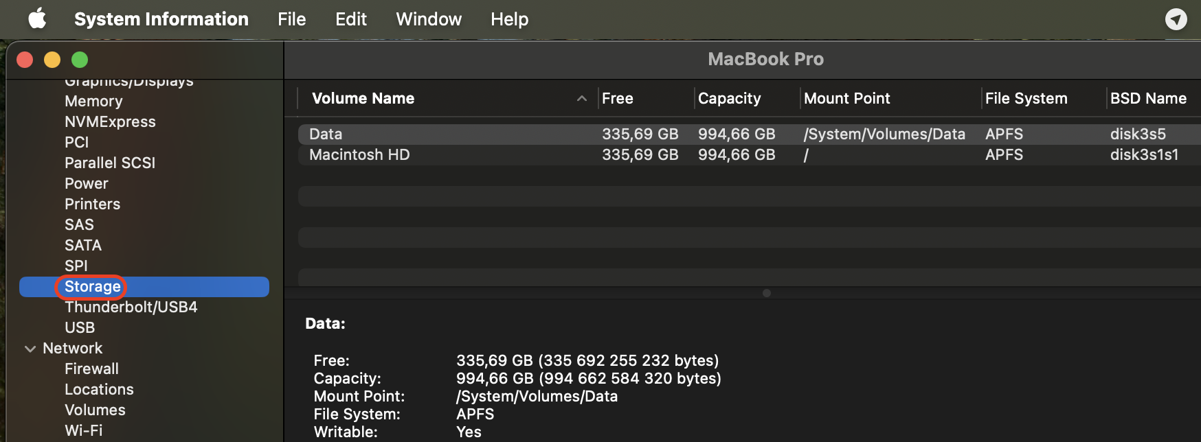 In System Report, click Storage from the sidebar to view details about your Mac's internal drive, including type, capacity, and upgrade options.