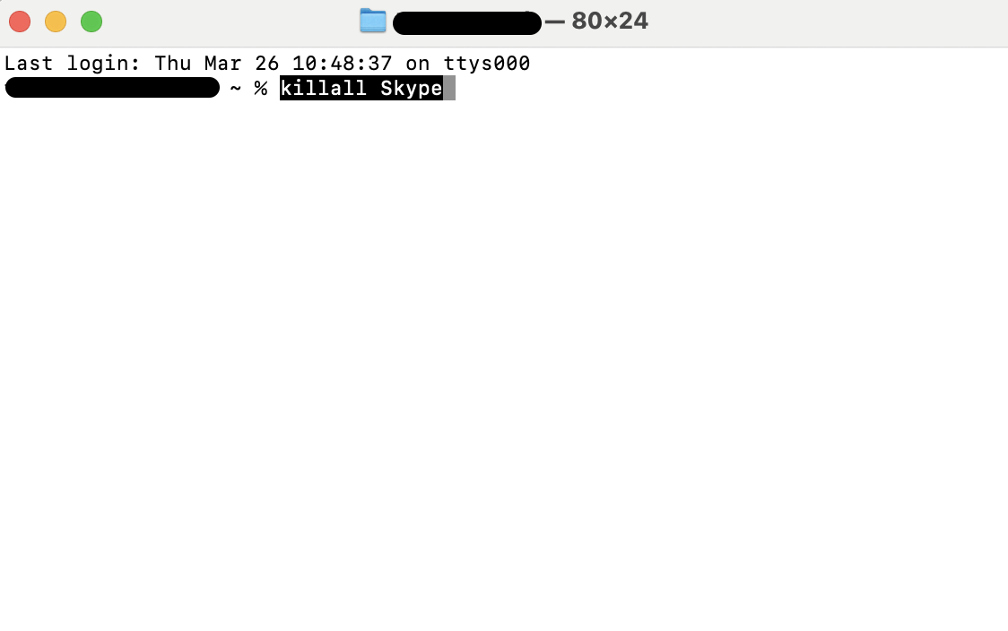 In the Terminal window, type the killall Skype command and press Return to immediately close any running Skype processes before you delete the app.