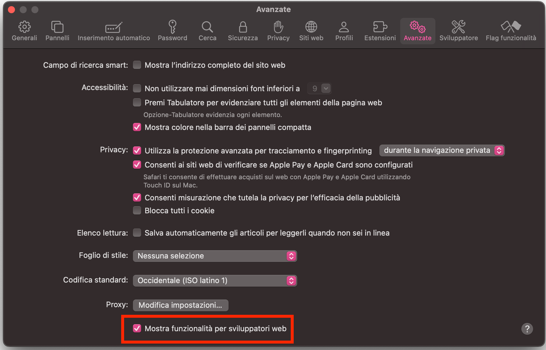 Ora vai alla scheda Avanzate delle impostazioni e seleziona l’opzione Mostra funzionalità per sviluppatori web in fondo alla finestra.