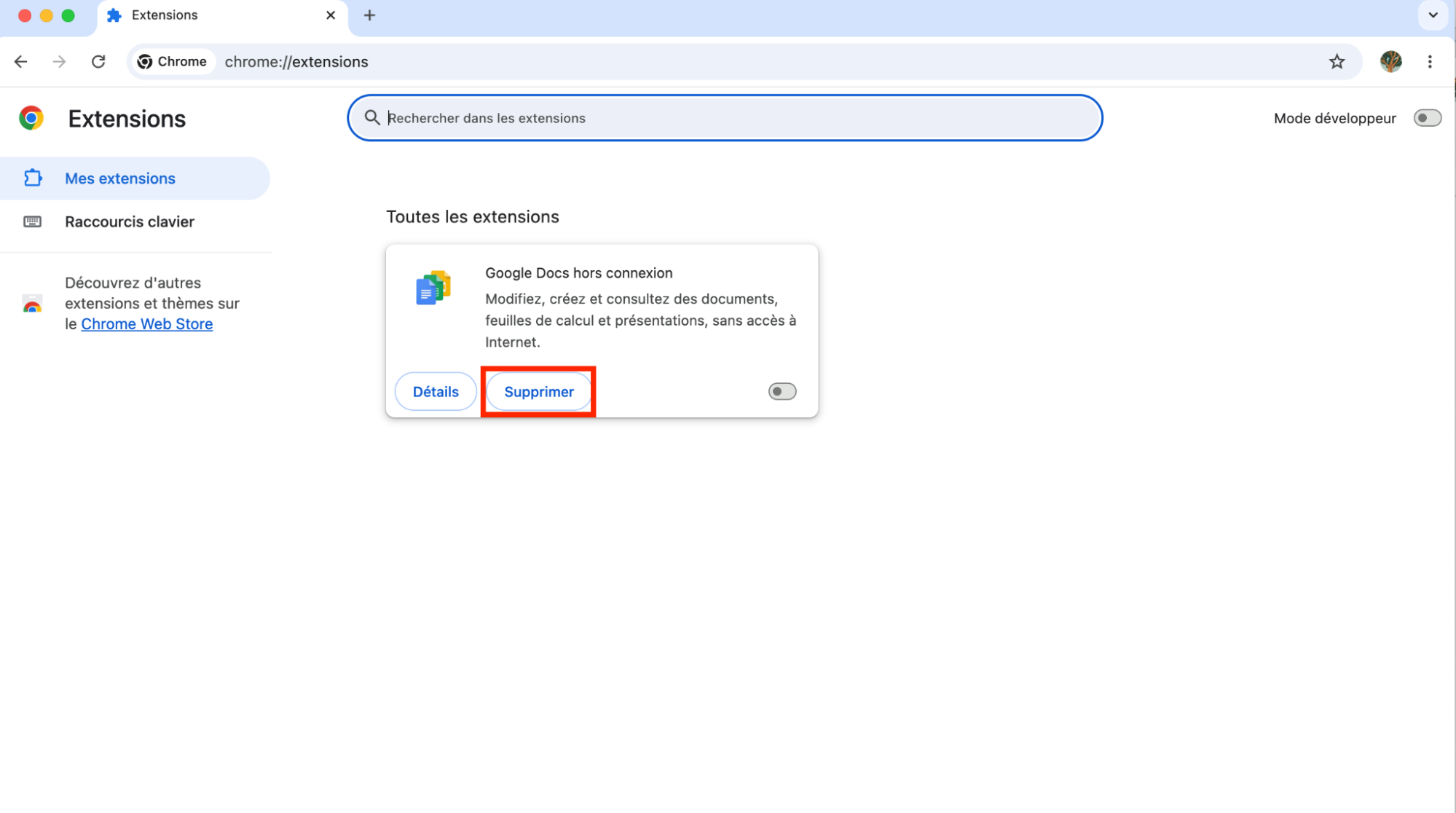 Écran des extensions de Chrome, avec l’option Supprimer mise en surbrillance sous une extension. Comment supprimer des extensions : guide pour bloquer les fausses alertes McAfee sur Mac.