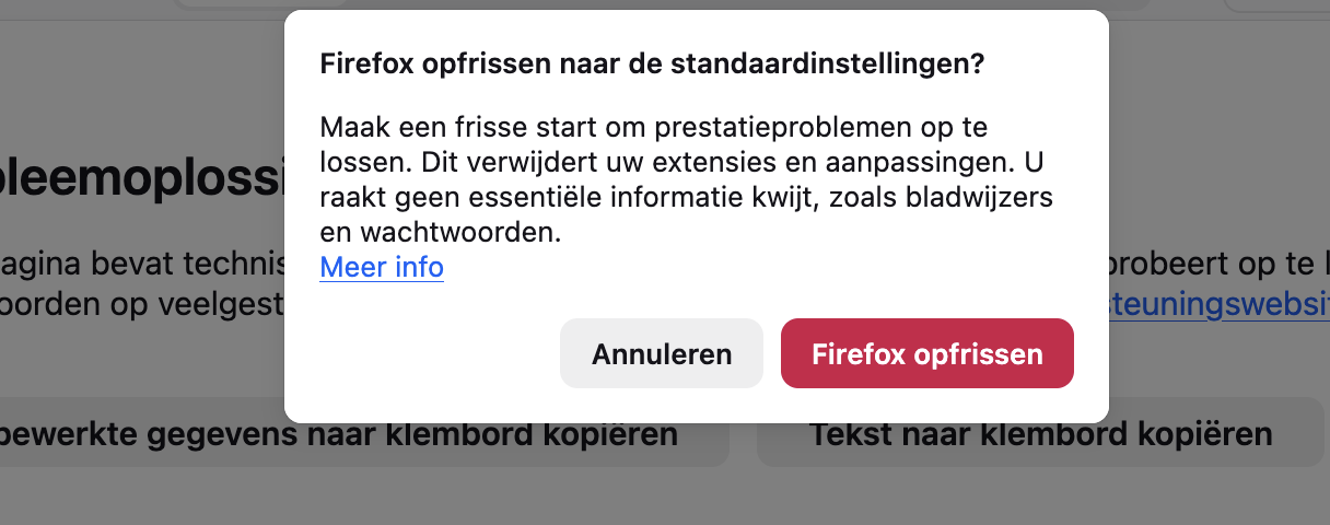 Klik tot slot op ‘Firefox vernieuwen’ om het resetten van Mozilla Firefox op je MacBook te bevestigen.