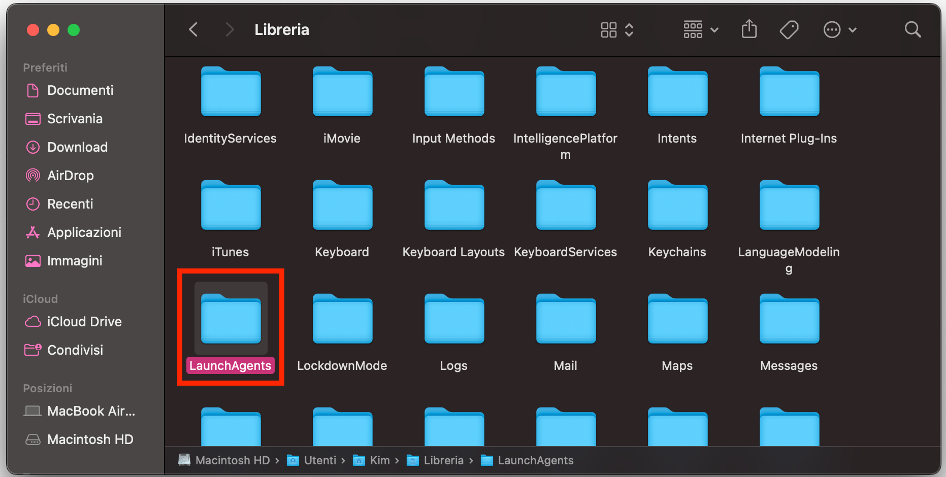 Controlla poi la cartella LaunchAgents. Cerca qualsiasi elemento sospetto e trascinalo nel cestino. Ricorda di svuotare completamente il cestino.