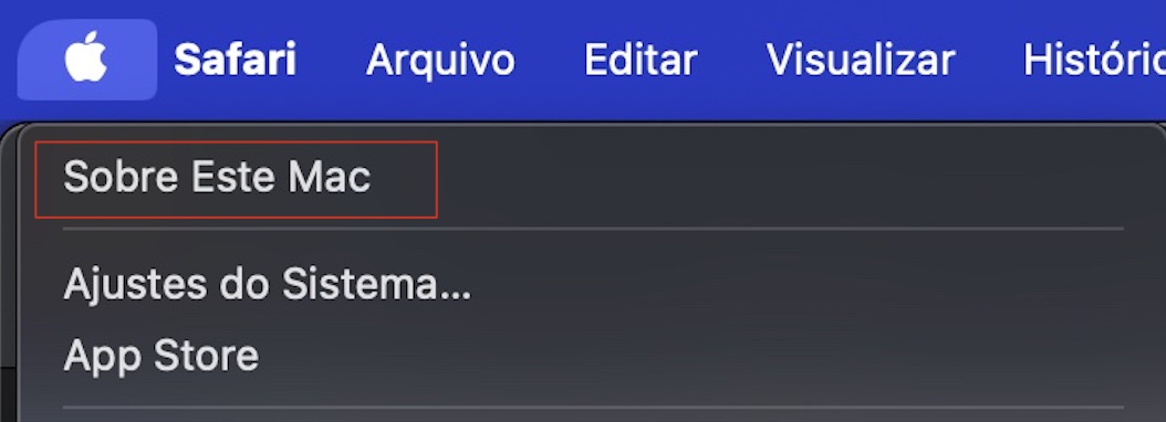 Outra captura de tela do menu suspenso da Apple, desta vez com a opção 'Sobre este Mac' escolhido e destacado em vermelho