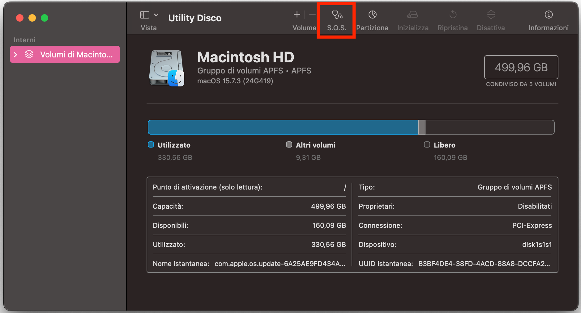 Avvia il Mac in modalità di recupero per eseguire diverse operazioni, tra cui S.O.S. per individuare e correggere eventuali errori del disco.