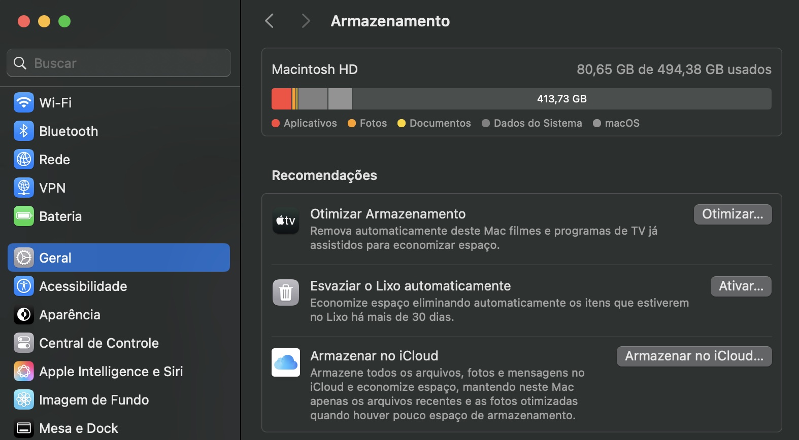 Verifique cada categoria em Armazenamento para ver como o disco rígido está sendo utilizado.