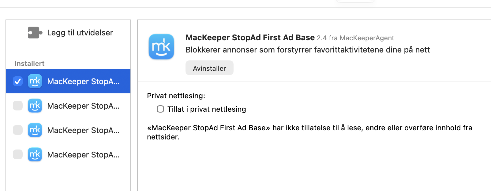 Gå gjennom listen over utvidelser, velg de du ikke trenger, og klikk på Avinstaller-knappen for å fjerne dem.