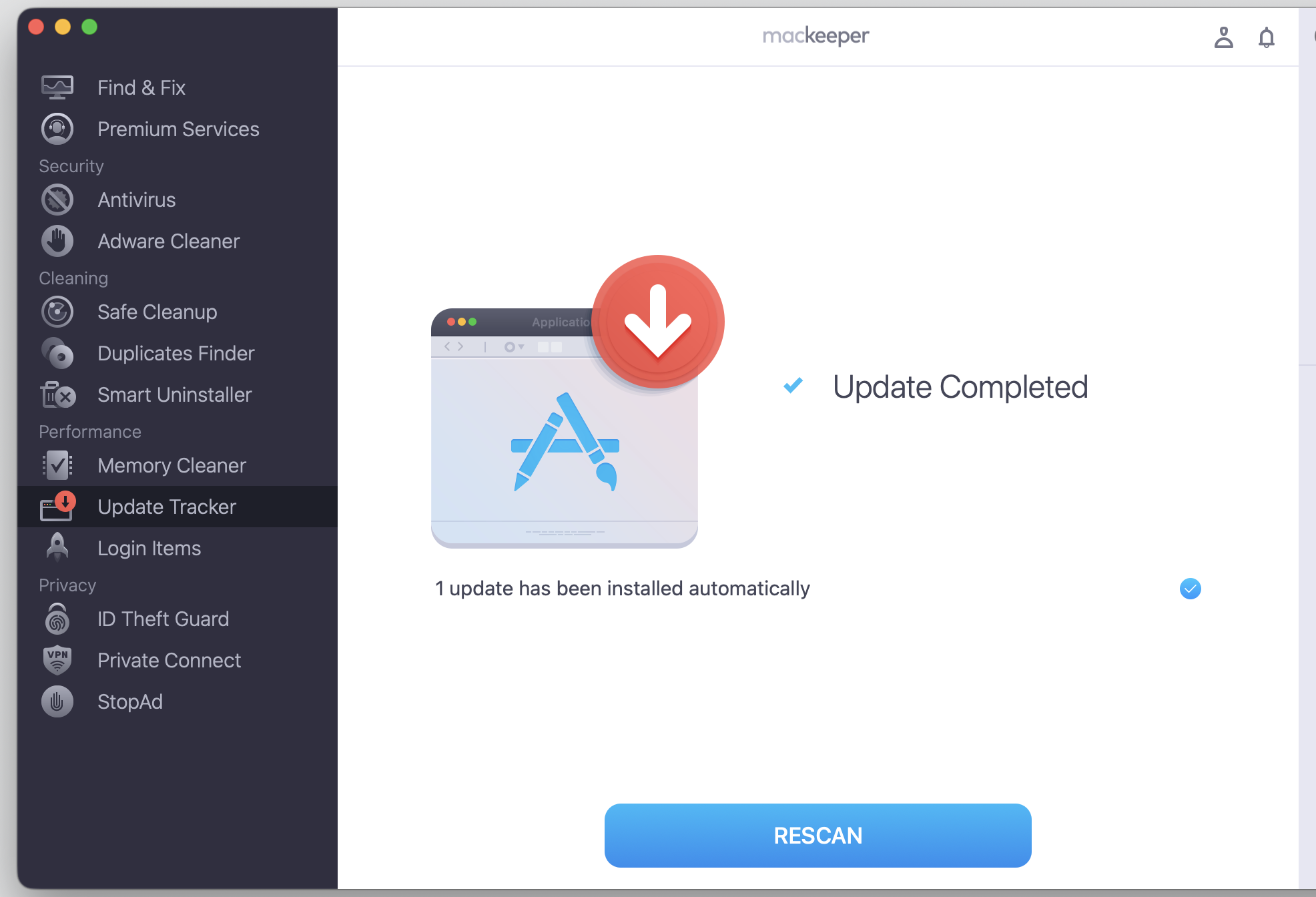 MacKeeper's Update Tracker on macOS showing the results screen that confirms the app updated successfully on your MacBook Air or Pro.