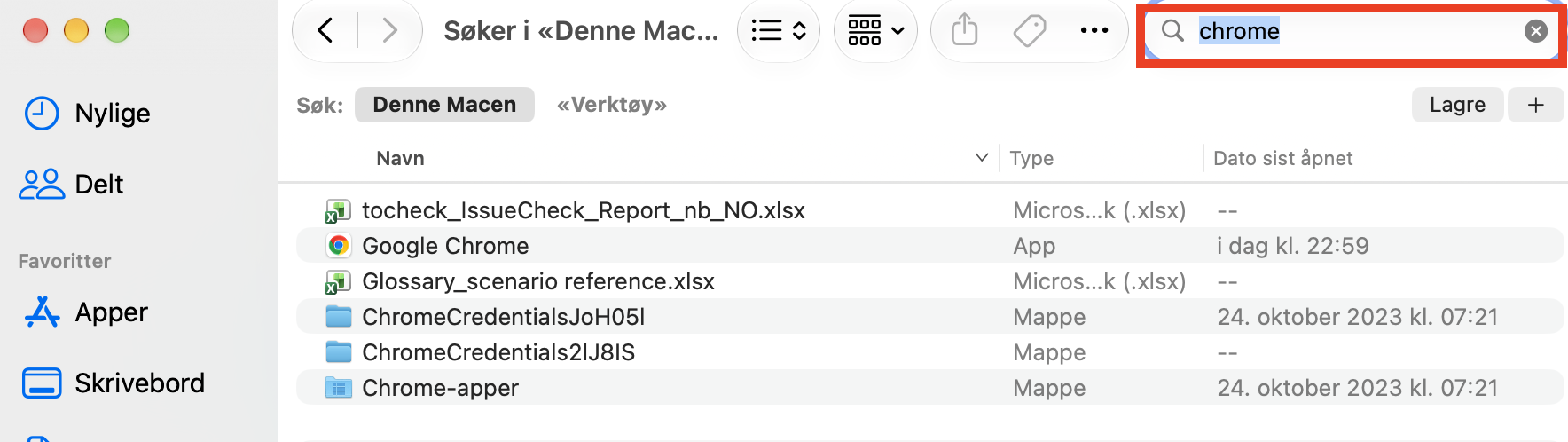 Finder viser et søk etter en mistenkelig prosess. Når du vet hvordan du sjekker for skadelig programvare på Mac, kan du bruke Finder til å finne og slette tilhørende filer.