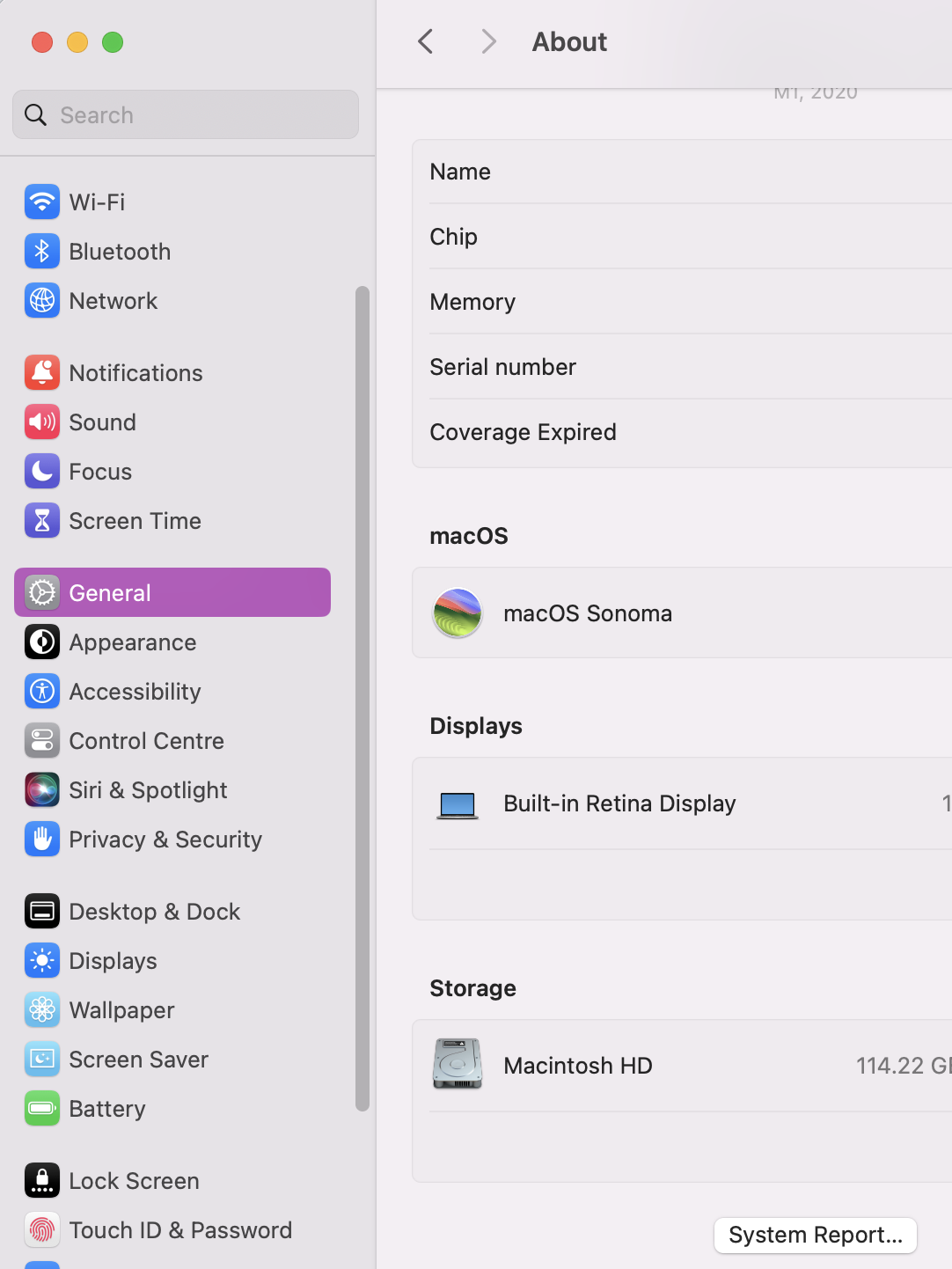 Scroll down the About info page until you see the System Report button. Once you click on it, it’ll open the System Information panel, allowing you to check Battery health and cycle count.