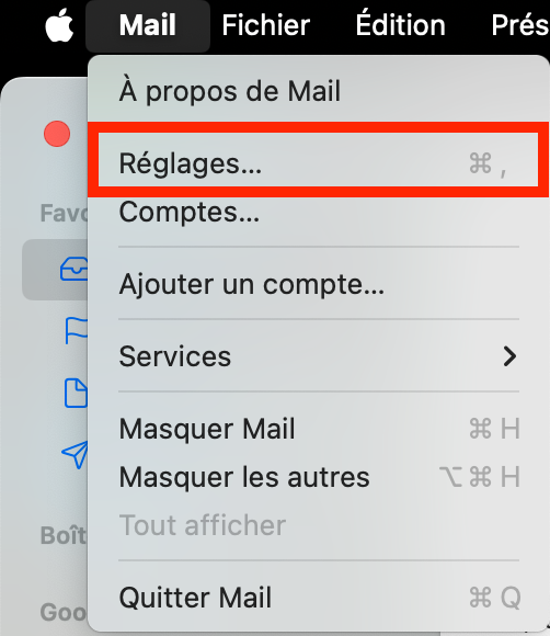 Le menu Mail dans l'application Mail d'Apple avec l’onglet Réglages mis en évidence. Comment supprimer les caches Mail sur Mac : réduire l'espace utilisé par Mail.