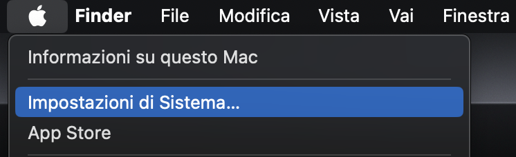 Per ridurre i dati di sistema sul Mac, controlla prima quanti ne hai. Il primo passo è andare su Logo Apple > Impostazioni di Sistema.