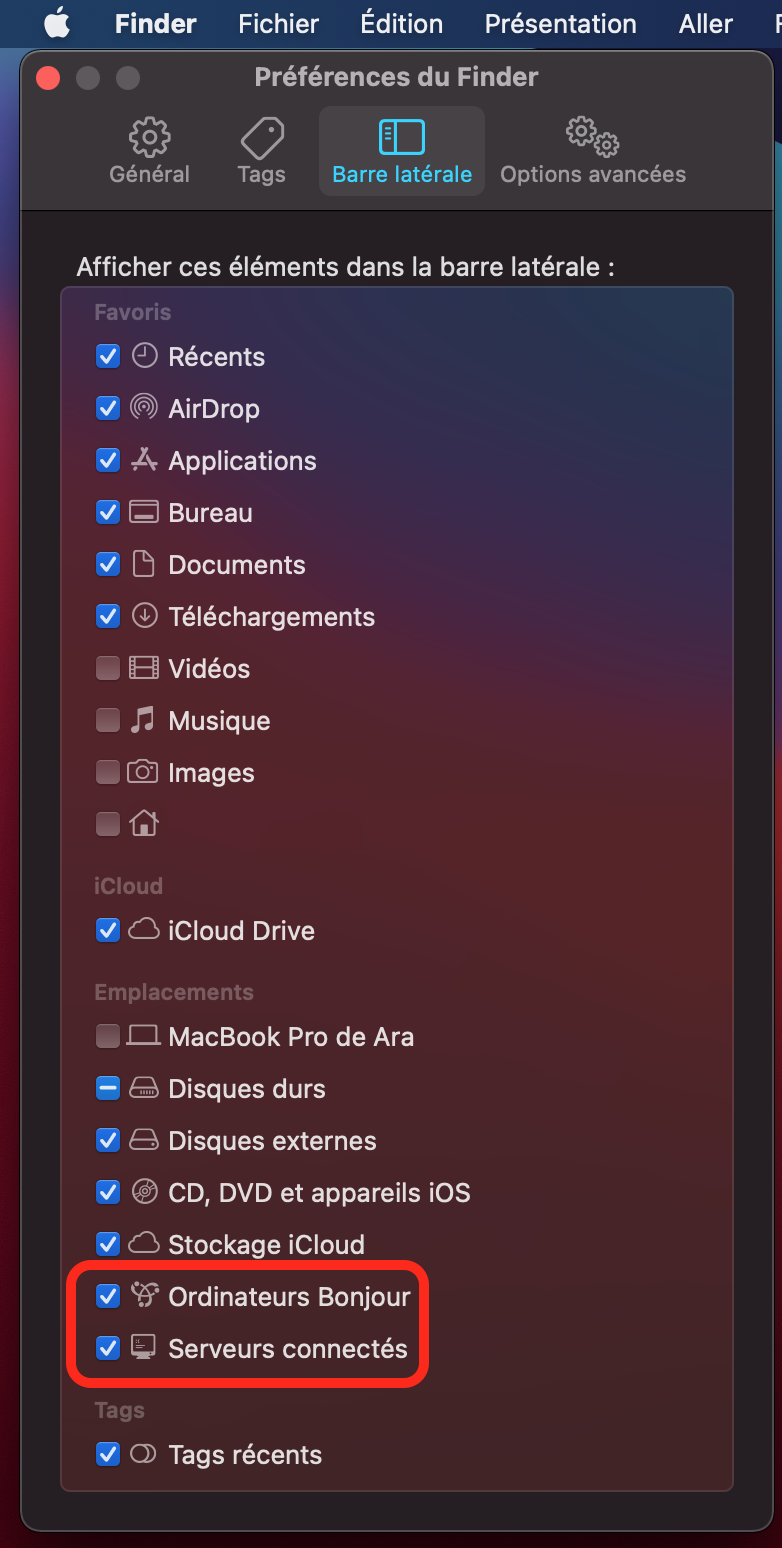 Cette fenêtre des Préférences du Finder sur macOS affiche les options de personnalisation de la barre latérale, incluant l'activation des éléments tels que Ordinateurs Bonjour et Serveurs connectés, utiles pour partager des fichiers sur un réseau. Cette fenêtre des Préférences du Finder sur macOS affiche les options de personnalisation de la barre latérale, incluant l'activation des éléments tels que Ordinateurs Bonjour et Serveurs connectés, utiles pour partager des fichiers sur un réseau.