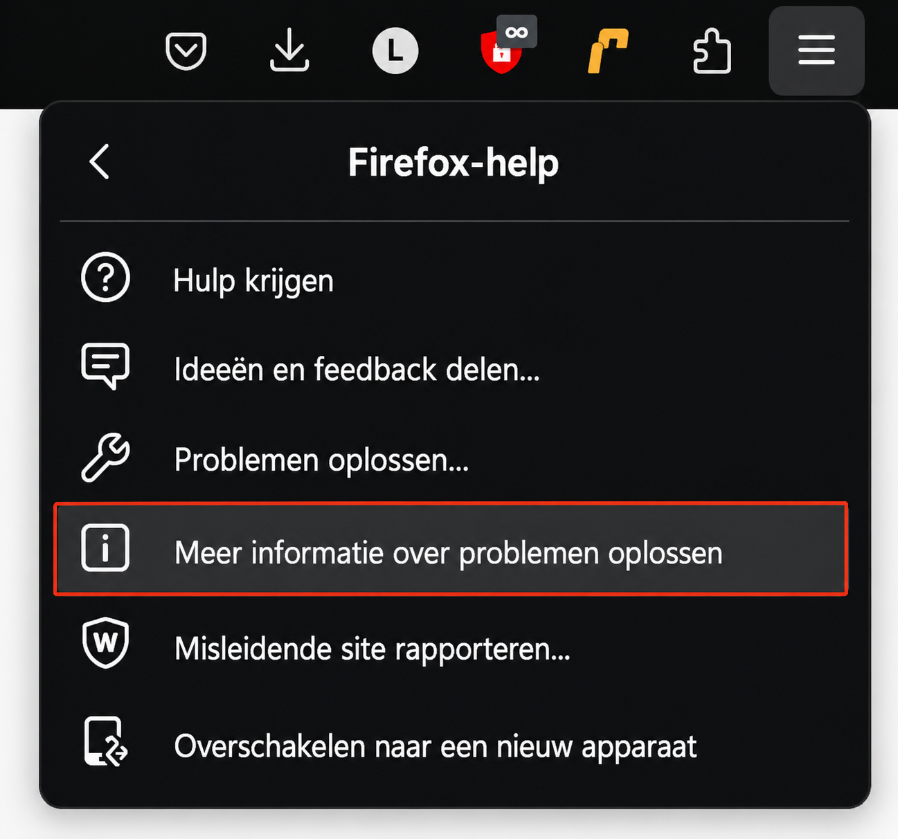 Het Help menu van Firefox is geopend en ‘Meer informatie over problemen oplossen’ is gemarkeerd. Dit maakt deel uit van een handleiding over hoe je Firefox reset om valse McAfee pop-ups op een Mac te stoppen.
