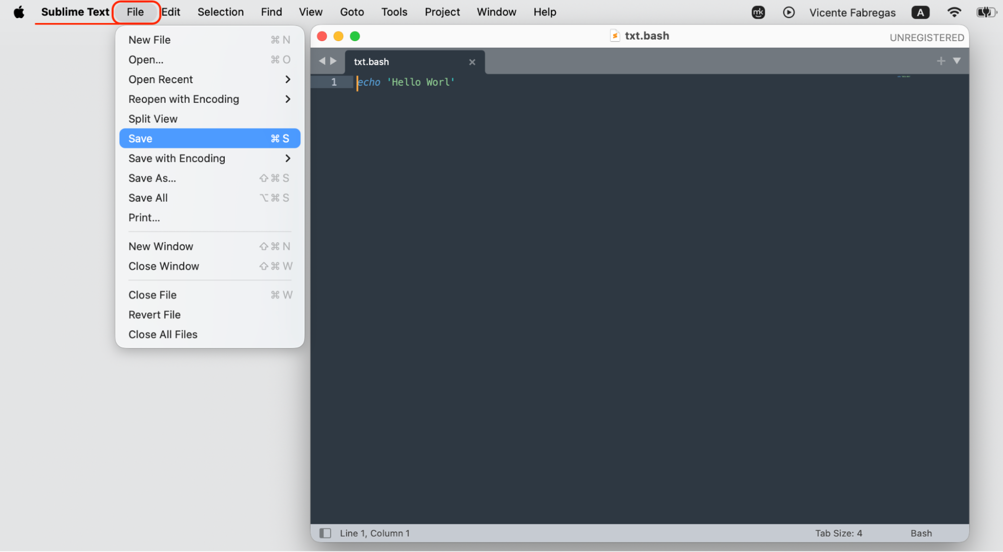 As an example, the Sublime Text File menu opens on a macOS device, with Save highlighted as the first step to save your work before restarting your Mac.