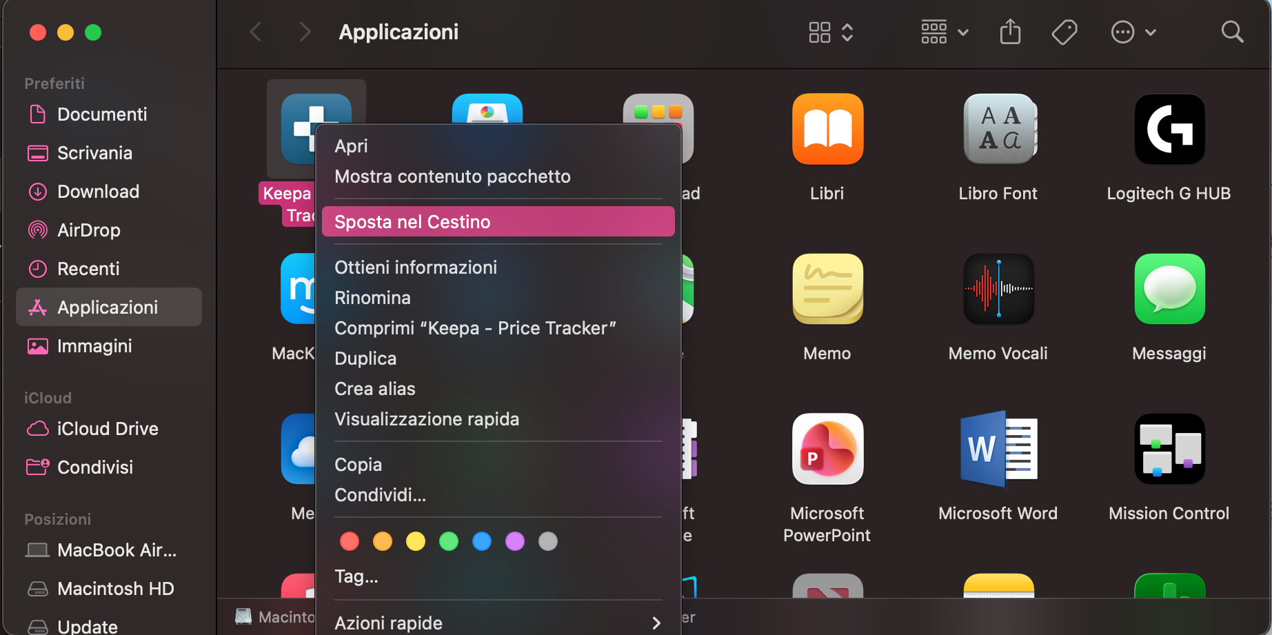 Il Finder su Mac mostra un’estensione di Safari evidenziata. Fai clic con il tasto destro su di essa, poi seleziona Sposta nel Cestino per eliminarla.