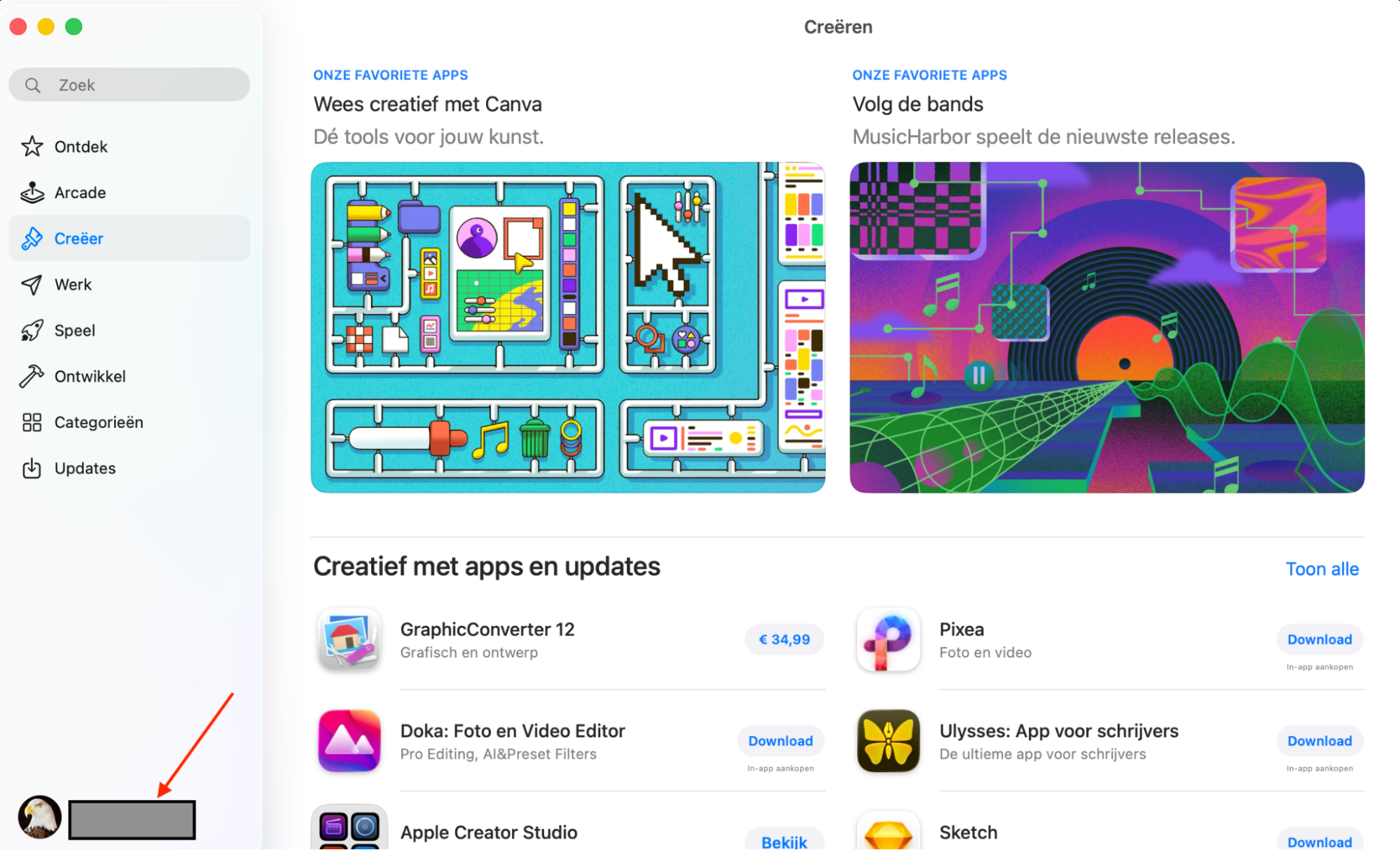 De  App Store op Mac met het scherm  Ontdek. Klik op je naam of log in om toegang te krijgen tot je App Store-account en apps naar je Mac te migreren zonder Migratie-assistent  te gebruiken.