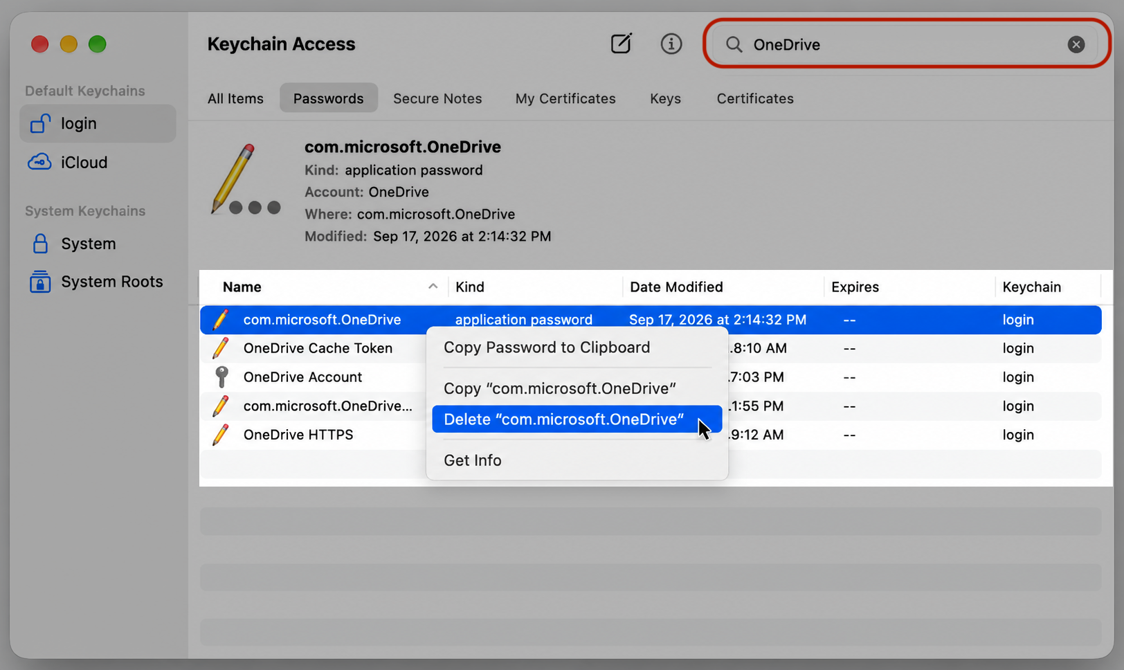 Keychain Access on an Apple computer with com.microsoft.OneDrive highlighted and Delete chosen to remove old logins for the damaged app.