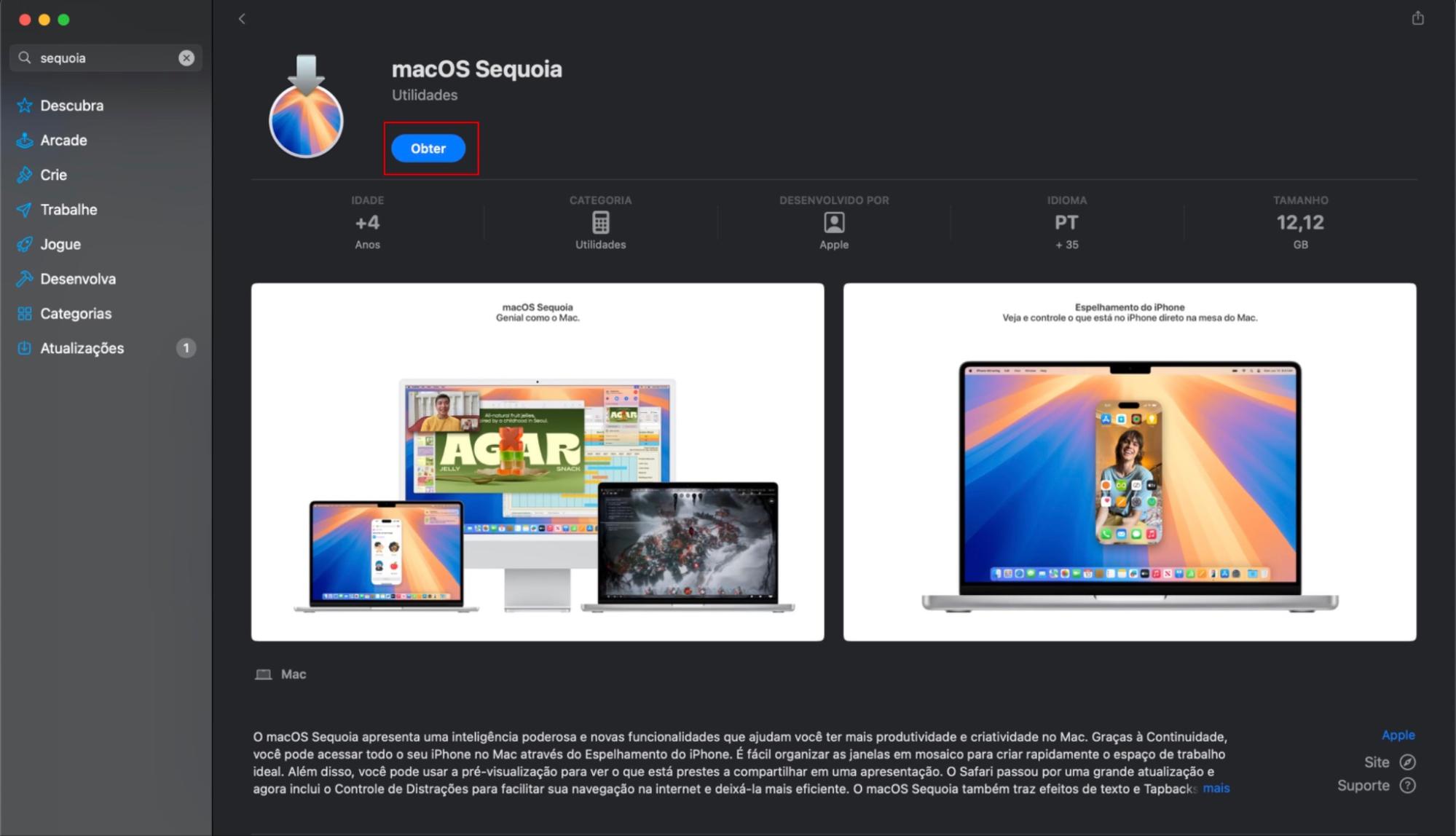 Clique no botão Obter para iniciar o download da versão mais recente do macOS disponível para o seu Mac.