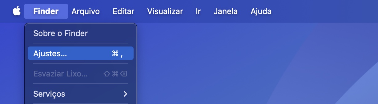 Menu Finder na barra de menus do macOS. Se a pasta Aplicativos não aparece na barra lateral do Finder, abra os Ajustes para restaurar esse atalho.