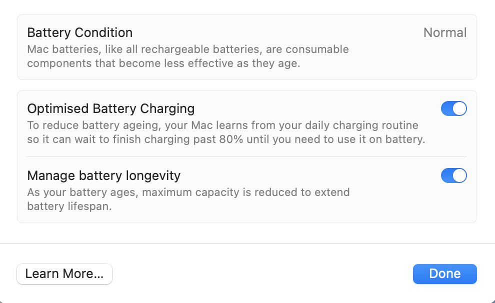 For the further step on monitoring your laptop's battery health, click on the I symbol next to Battery Health and get more details on this.