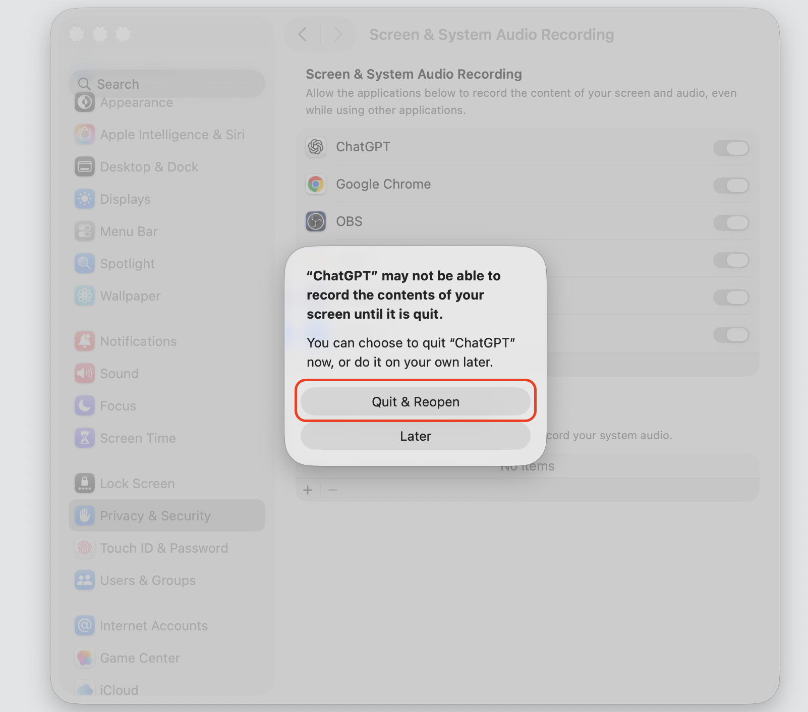 macOS System Settings dialog on a MacBook prompting Quit & Reopen so ChatGPT can record the screen after screenshot access.