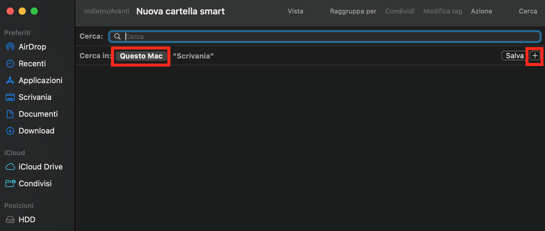 Nella finestra Nuova cartella smart, seleziona Questo Mac e fai clic sull'icona più. Questo significa che la ricerca verrà eseguita in tutto il Mac, ma puoi anche selezionare cartelle specifiche.