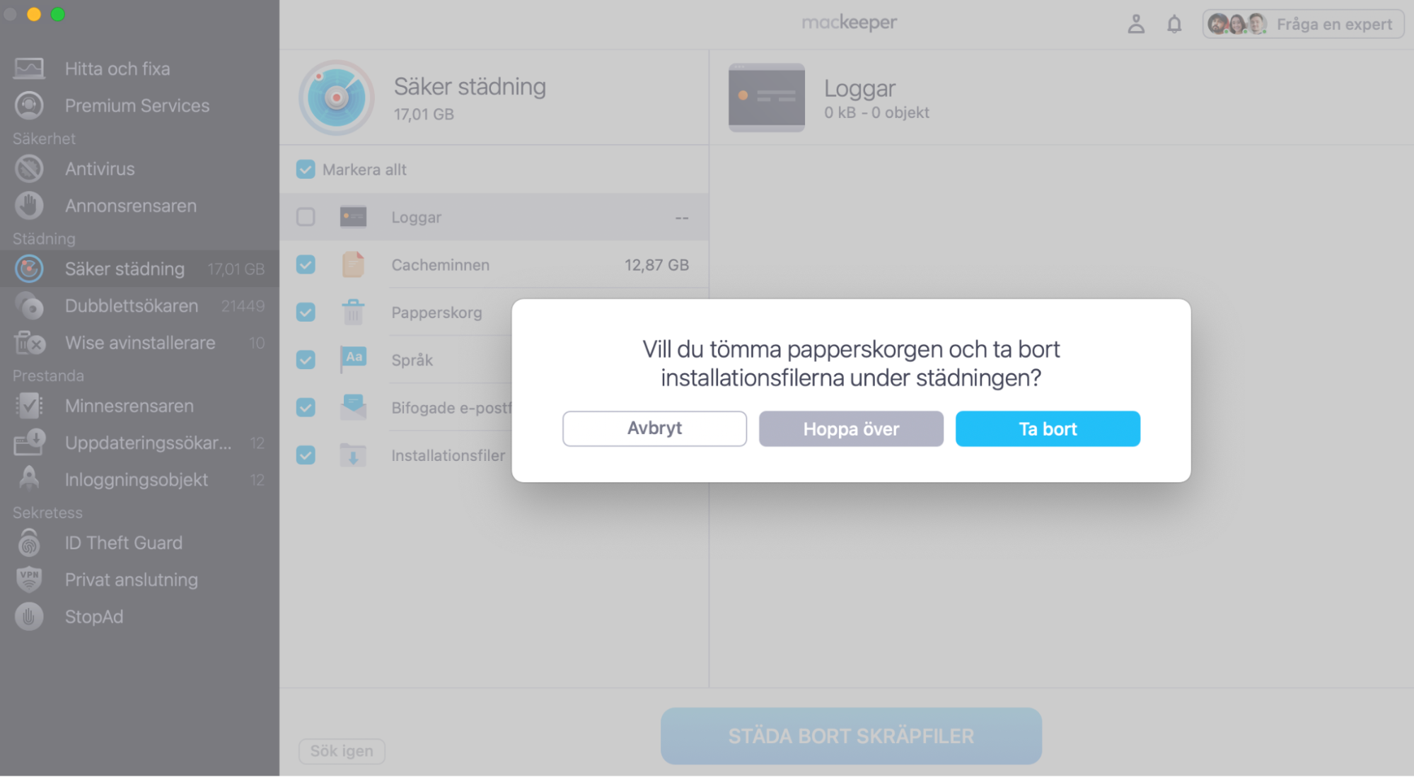 Bekräfta att du vill ta bort de valda skräpfilerna genom att klicka på Ta bort. MacKeeper rensar sedan bort filerna för att frigöra utrymme och optimera din Mac.
