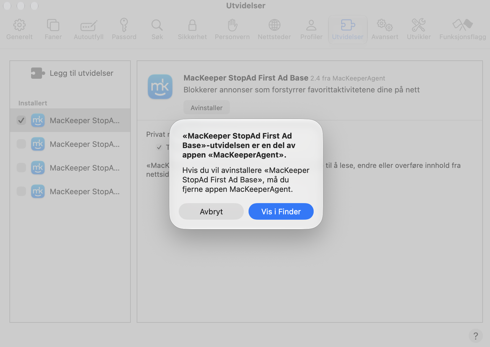 Klikk på Vis i Finder-knappen, og macOS vil vise hvor Safari-utvidelsen er installert. Nå sletter du den ganske enkelt som en hvilken som helst annen fil eller app.